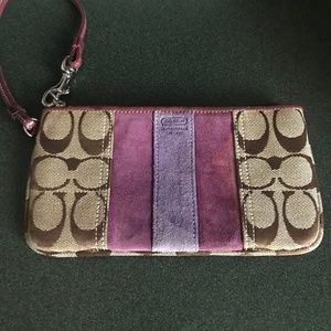 Coach Khaki/Purple Canvas Leather Suede Wristlet